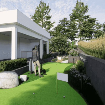 3D landscape design rendering showing a full backyard plan with putting green, garden beds, and retaining wall for a Kelowna home.
